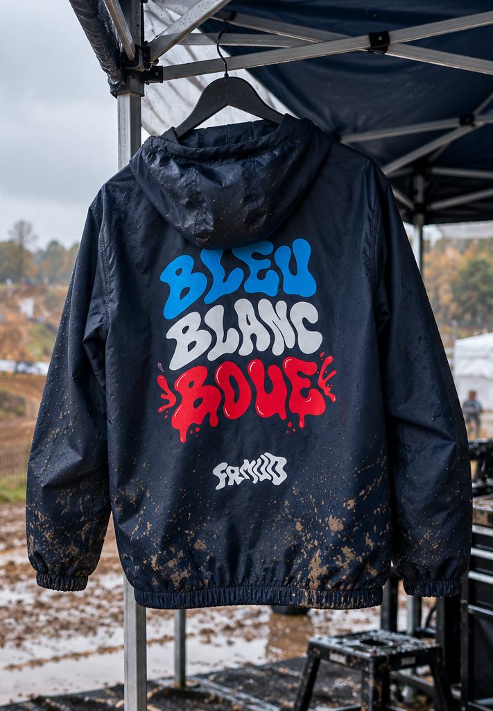Coupe-vent Bleu Blanc Boue French Mud au paddock